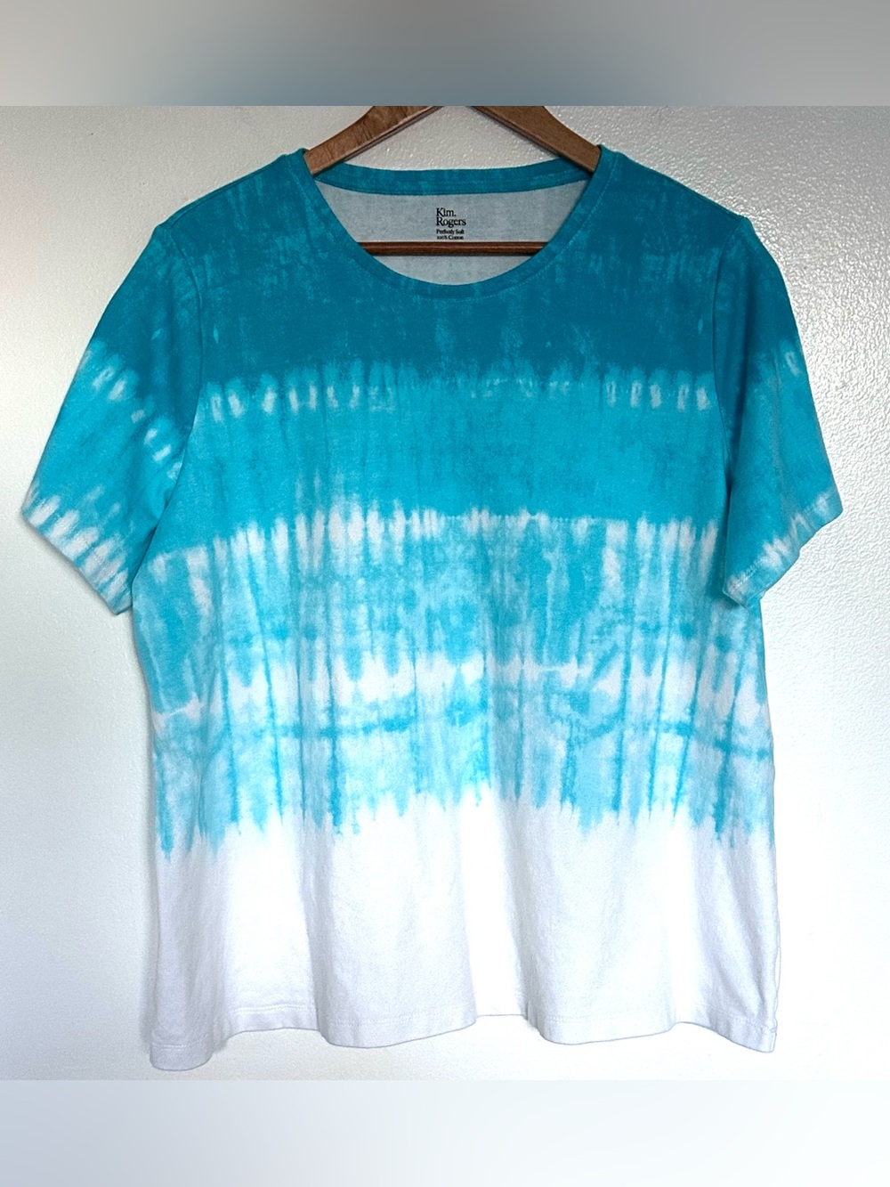 Kim Rogers Shirt Women’s XXL Blue White Tie Dye Cotton Short Sleeve Top